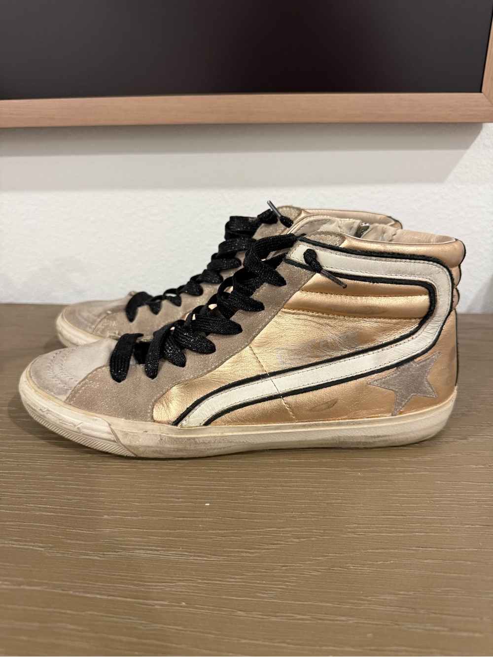 Size 40 Golden Goose High-Top Sneakers in Gold, Black, White